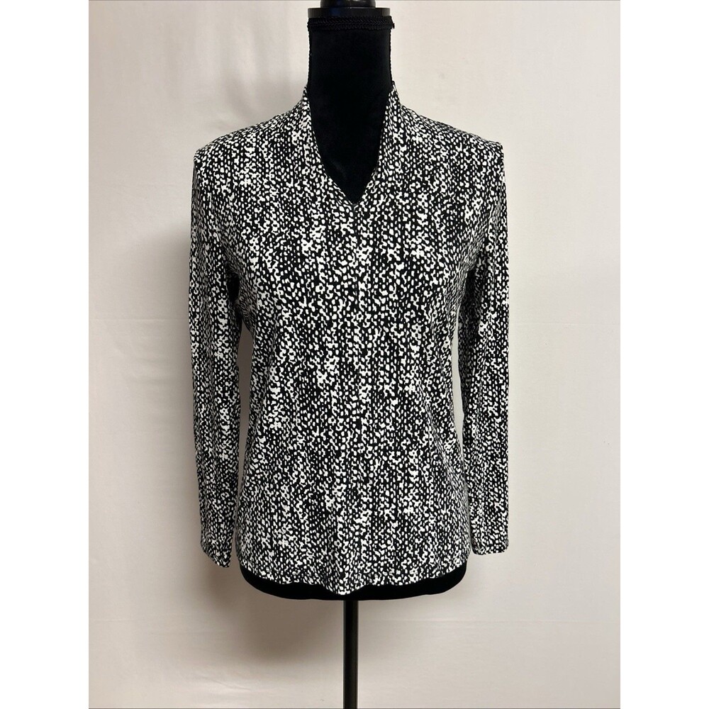 Talbots Womens Sz M Top Black White Geometric Pattern V Neck Long Sleeve Career